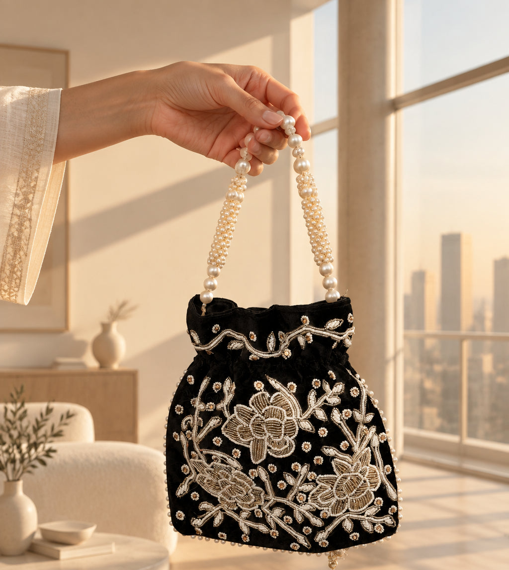 Women Black evening bag, Potali bag by Rang & Rani