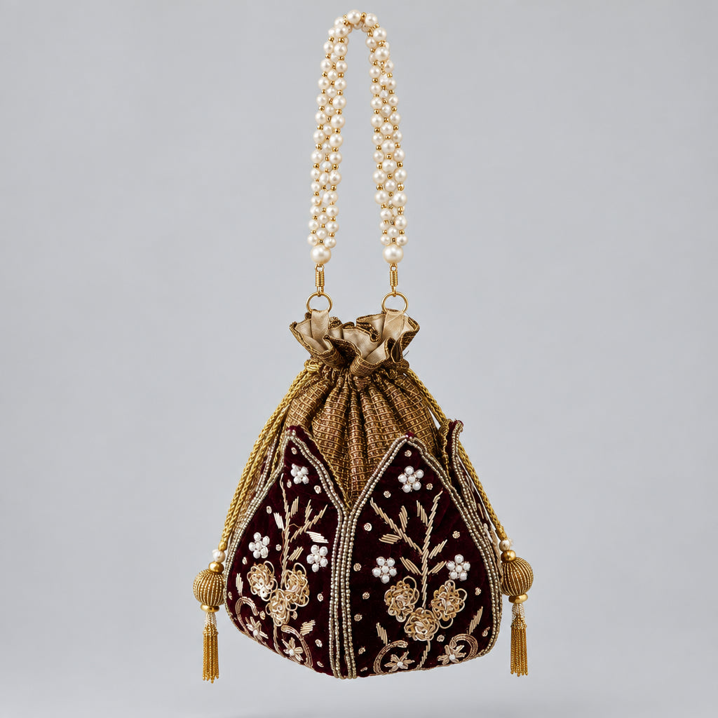 Women Wine Embroidered Potli Handbag by Rang & Rani