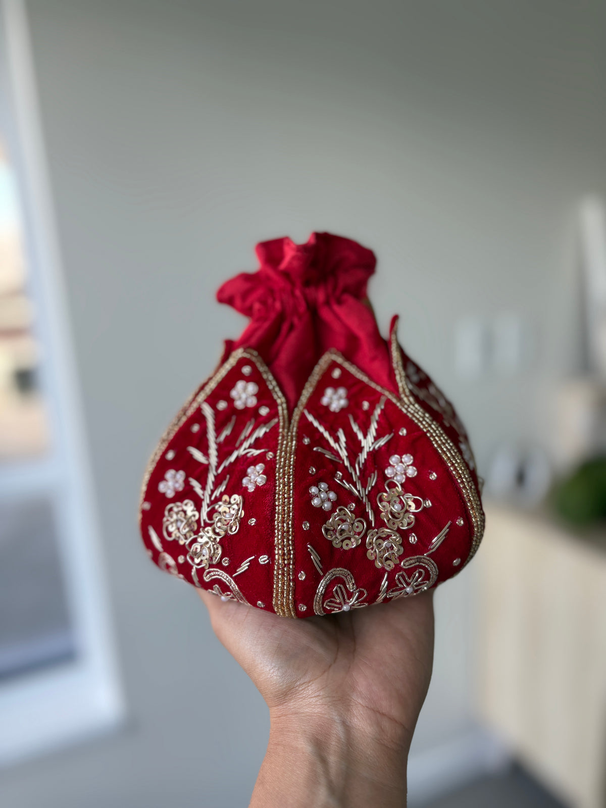 Women Red Embroidered Potli Handbag by Rang & Rani