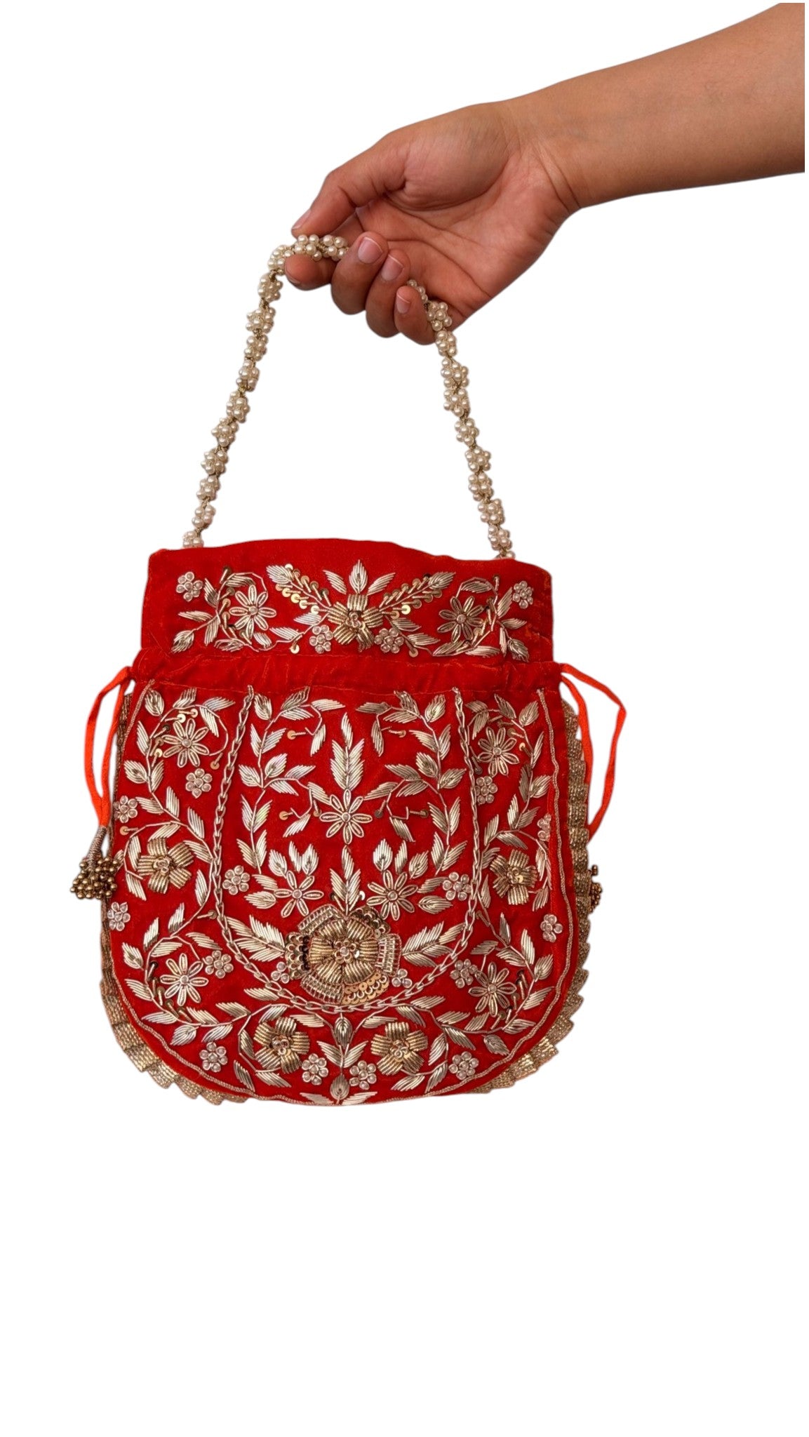 Vermilion Velvet Zardozi Potli Bag