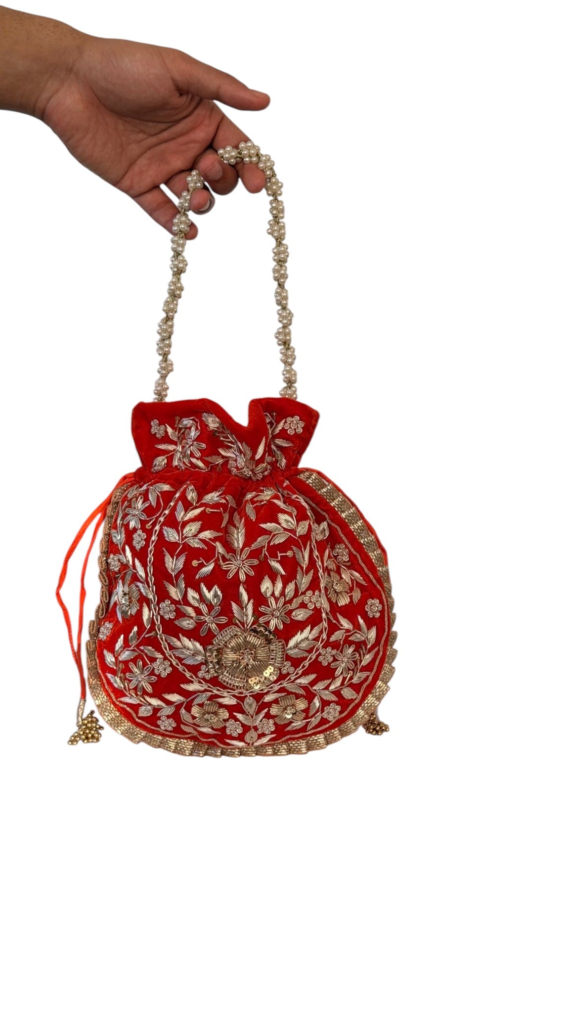 Vermilion Velvet Zardozi Potli Bag