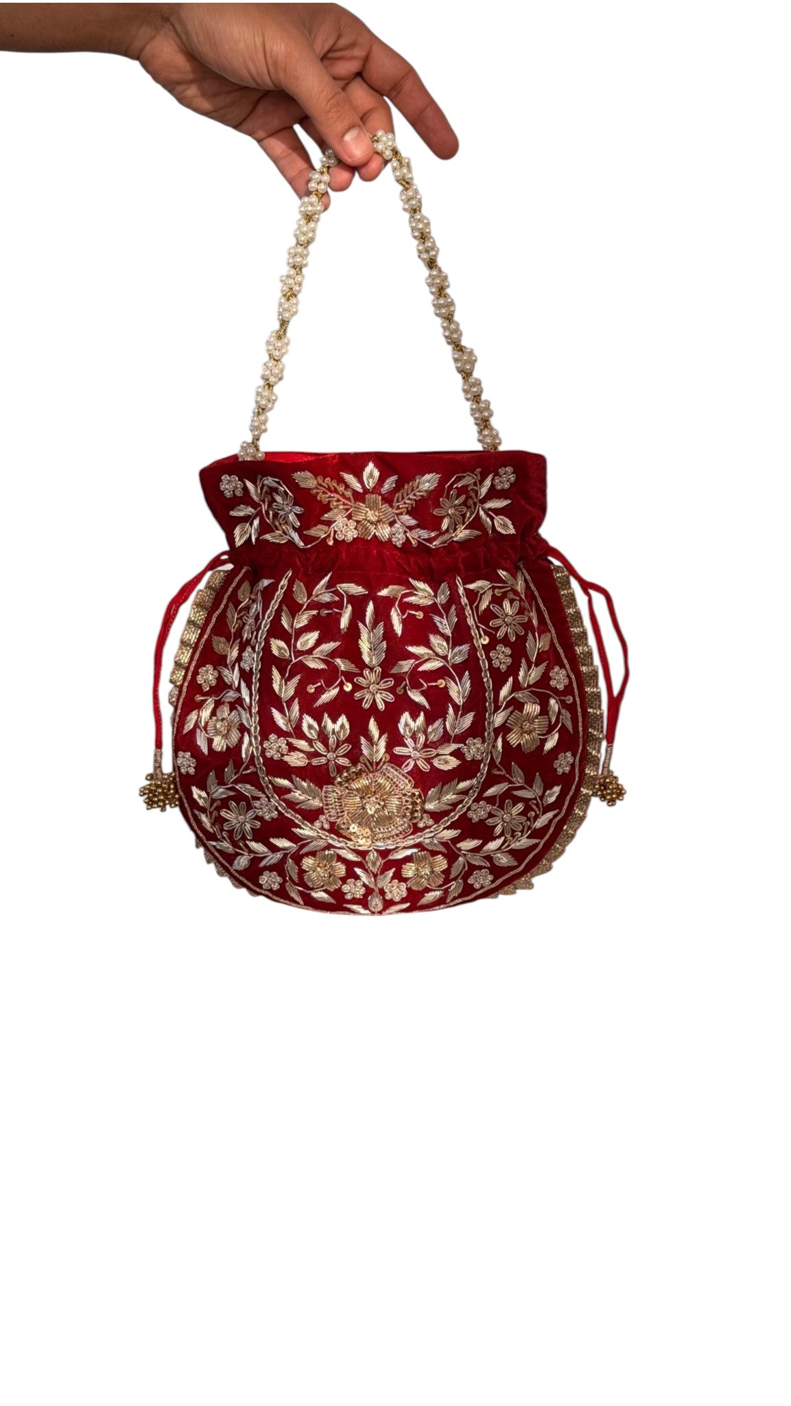Crimson Velvet Zardozi Potli Bag