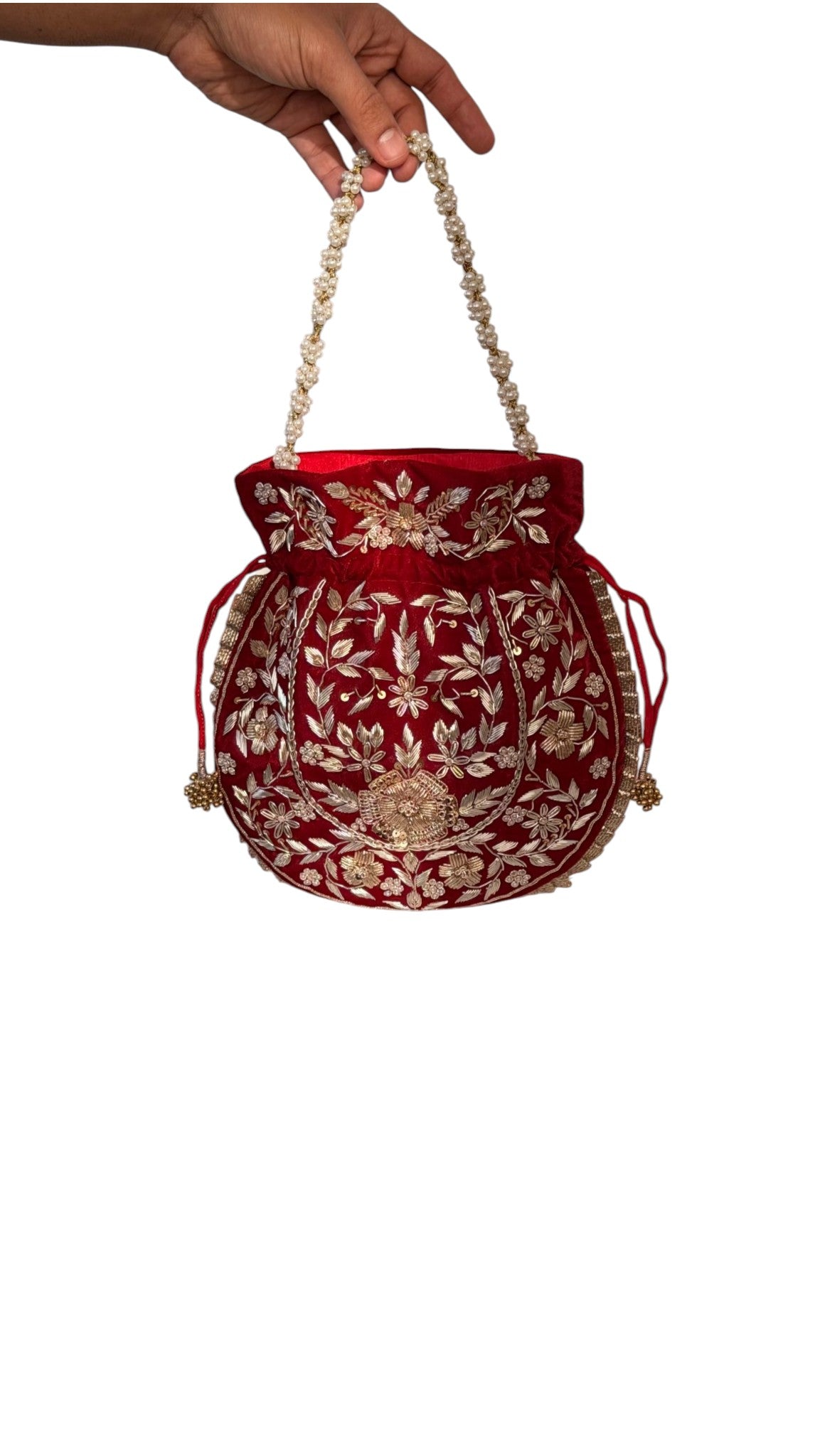 Crimson Velvet Zardozi Potli Bag