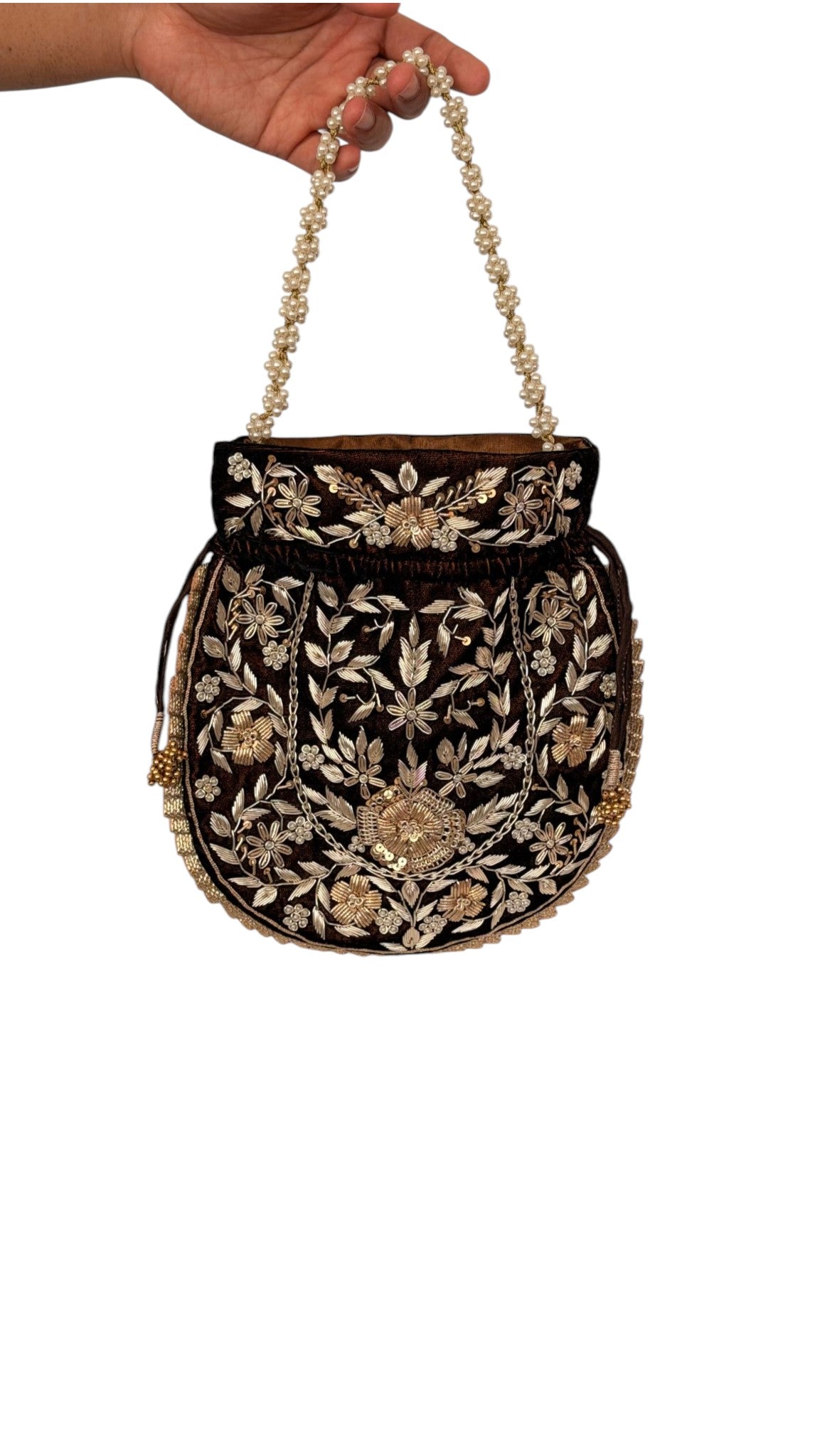 Espresso Brown Velvet Zardozi Potli Bag