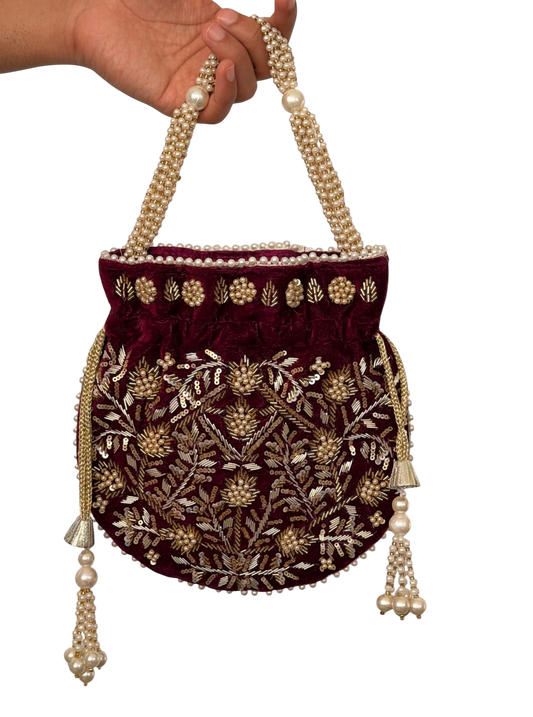 Mulberry Wine Cut Dana Potali Bag by Rang & Rani