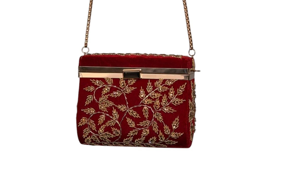 Red Velvet Zardozi Baksa Clutch