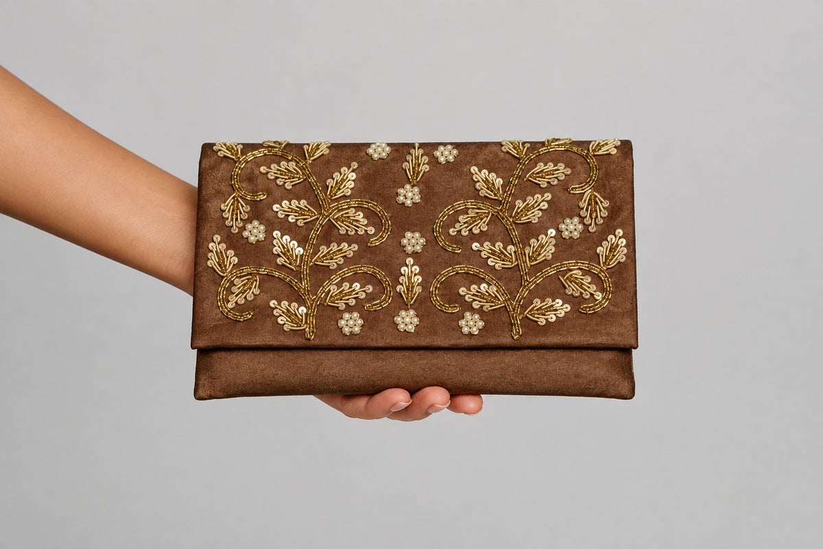 Women purse, Beige Zardozi Handmade clutch by Rang & Rani