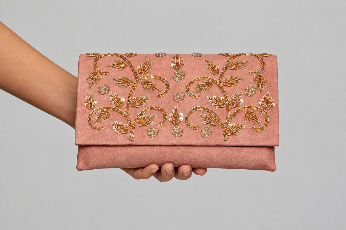 Women purse, Pink Zardozi Handmade clutch by Rang & Rani