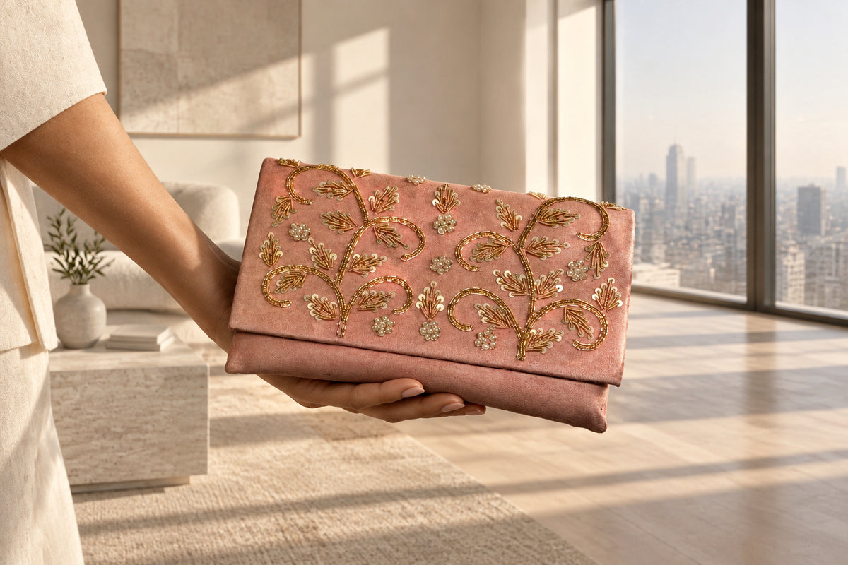 Women purse, Pink Zardozi Handmade clutch by Rang & Rani