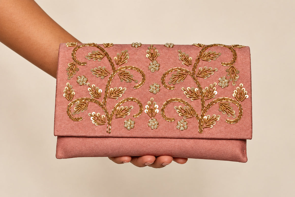 Women purse, Pink Zardozi Handmade clutch by Rang & Rani