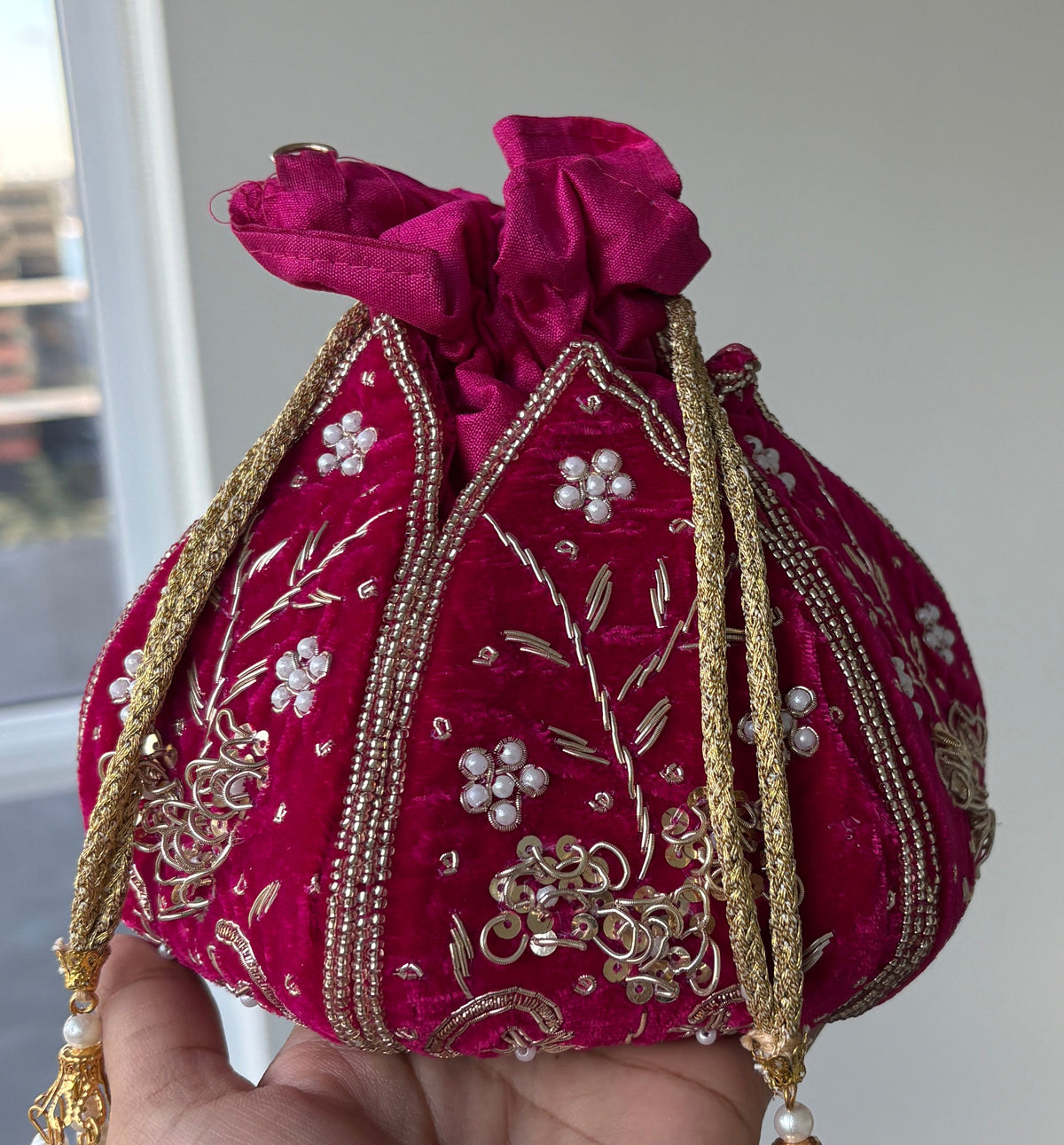 Women Pink Embroidered Potli Handbag by Rang & Rani