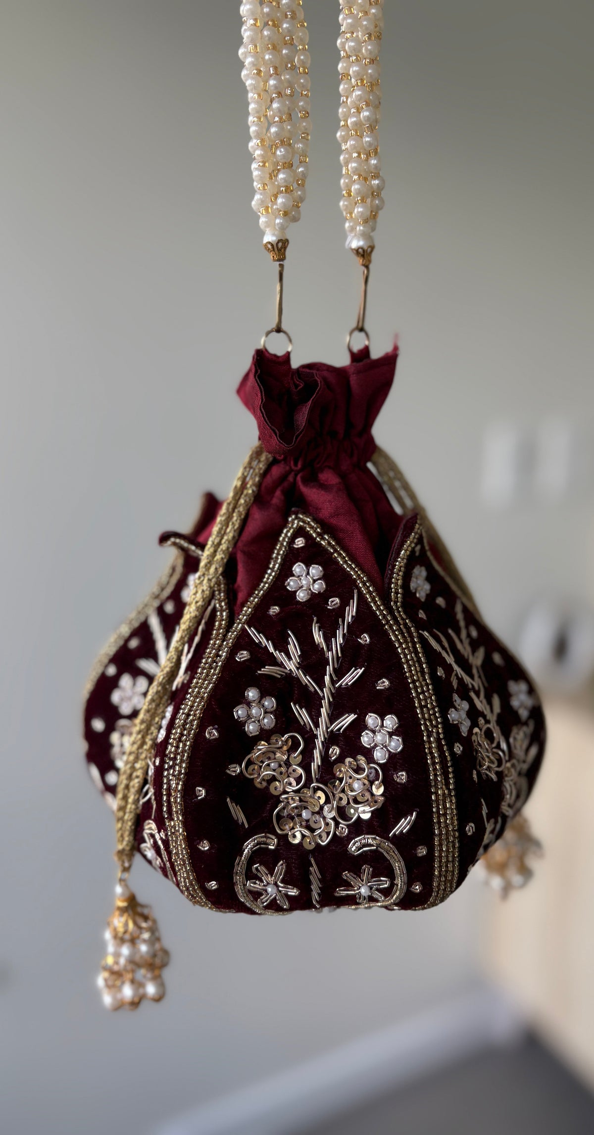Women Maroon Embroidered Potli Handbag by Rang & Rani