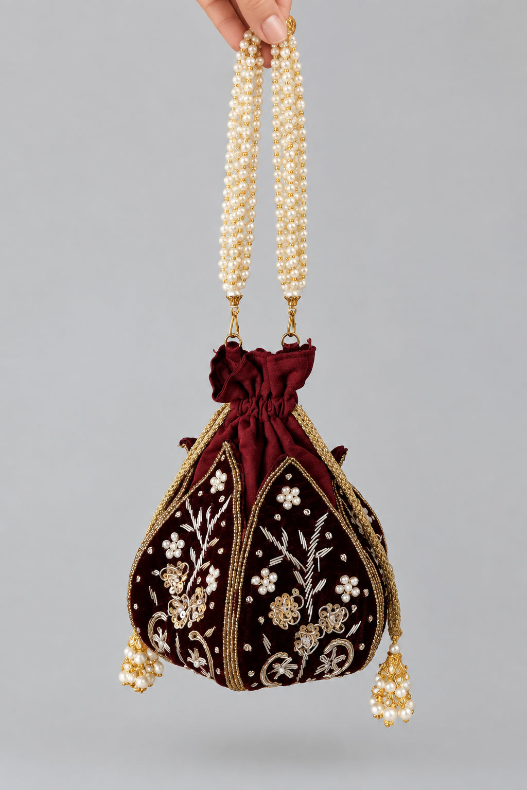 Women Maroon Embroidered Potli Handbag by Rang & Rani