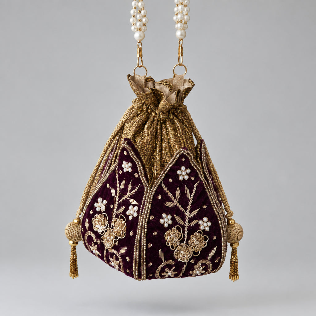 Women Wine Embroidered Potli Handbag by Rang & Rani