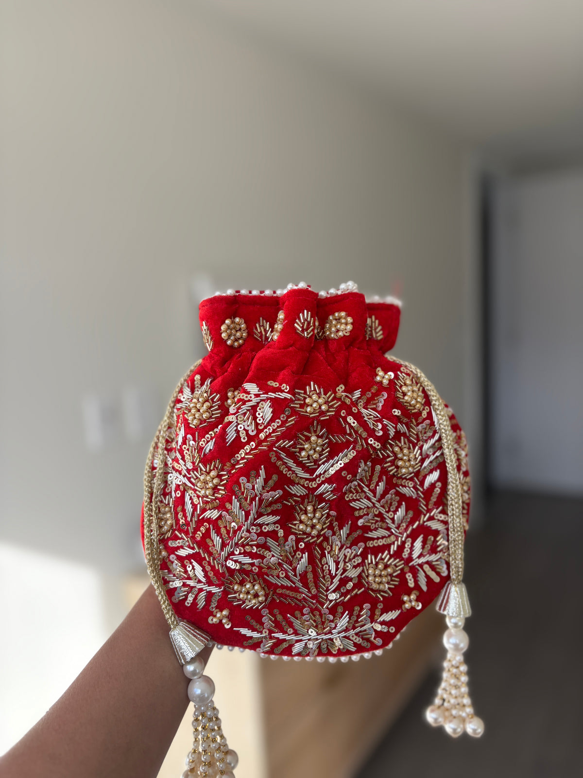 Red Women Cut Dana Potali Bag by Rang & Rani