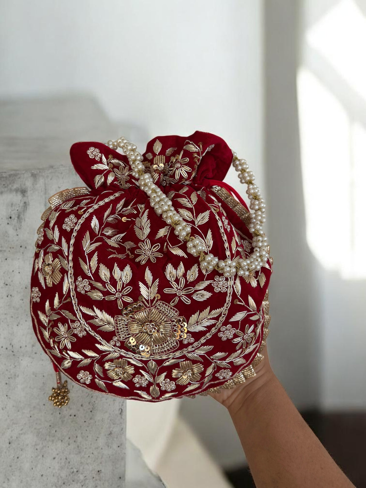 Crimson Velvet Zardozi Potli Bag