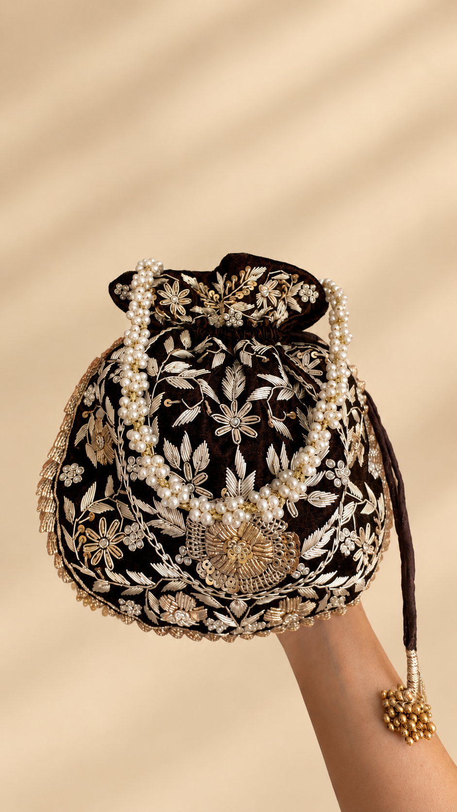 Espresso Brown Velvet Zardozi Potli Bag