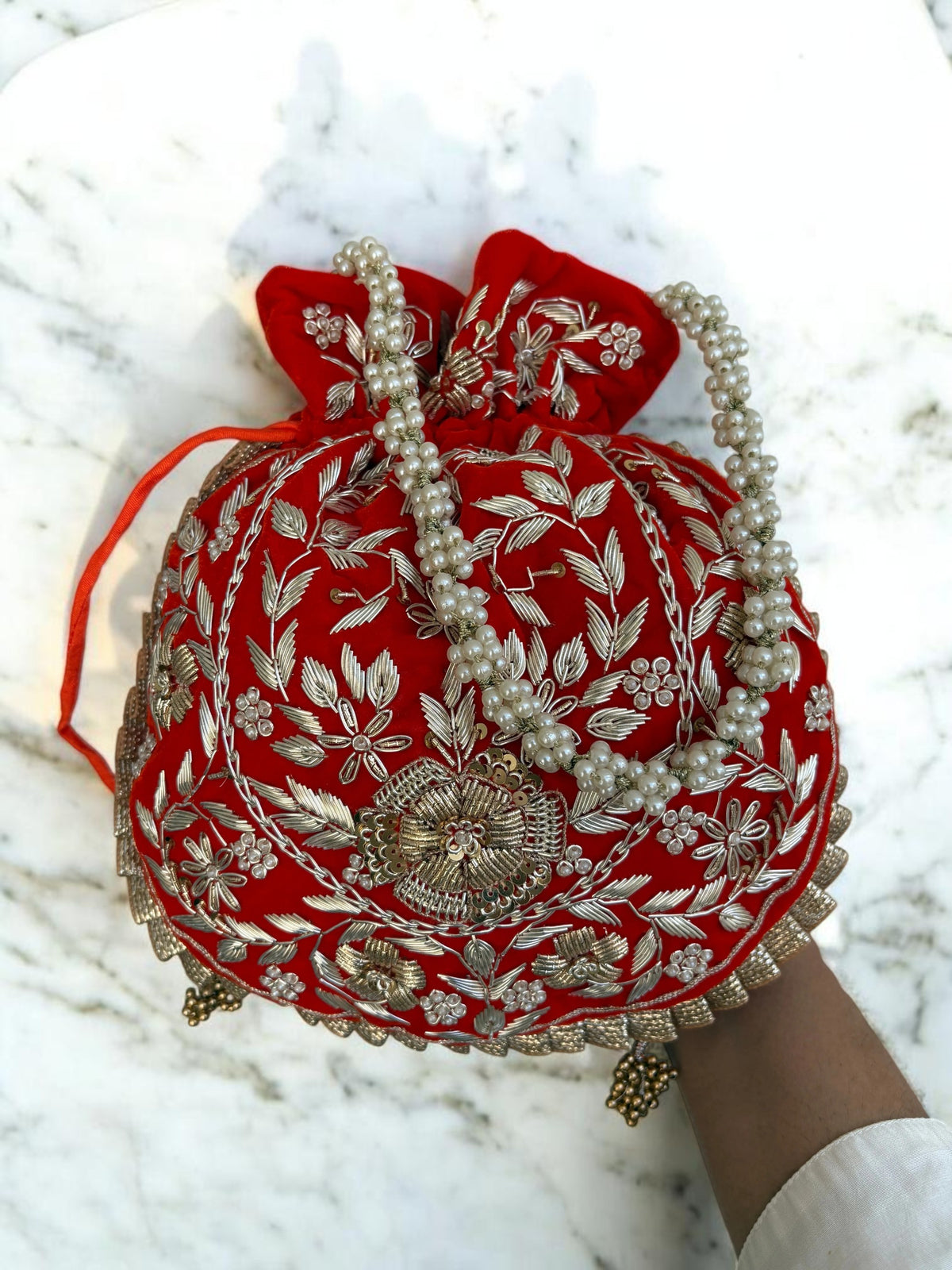 Vermilion Velvet Zardozi Potli Bag