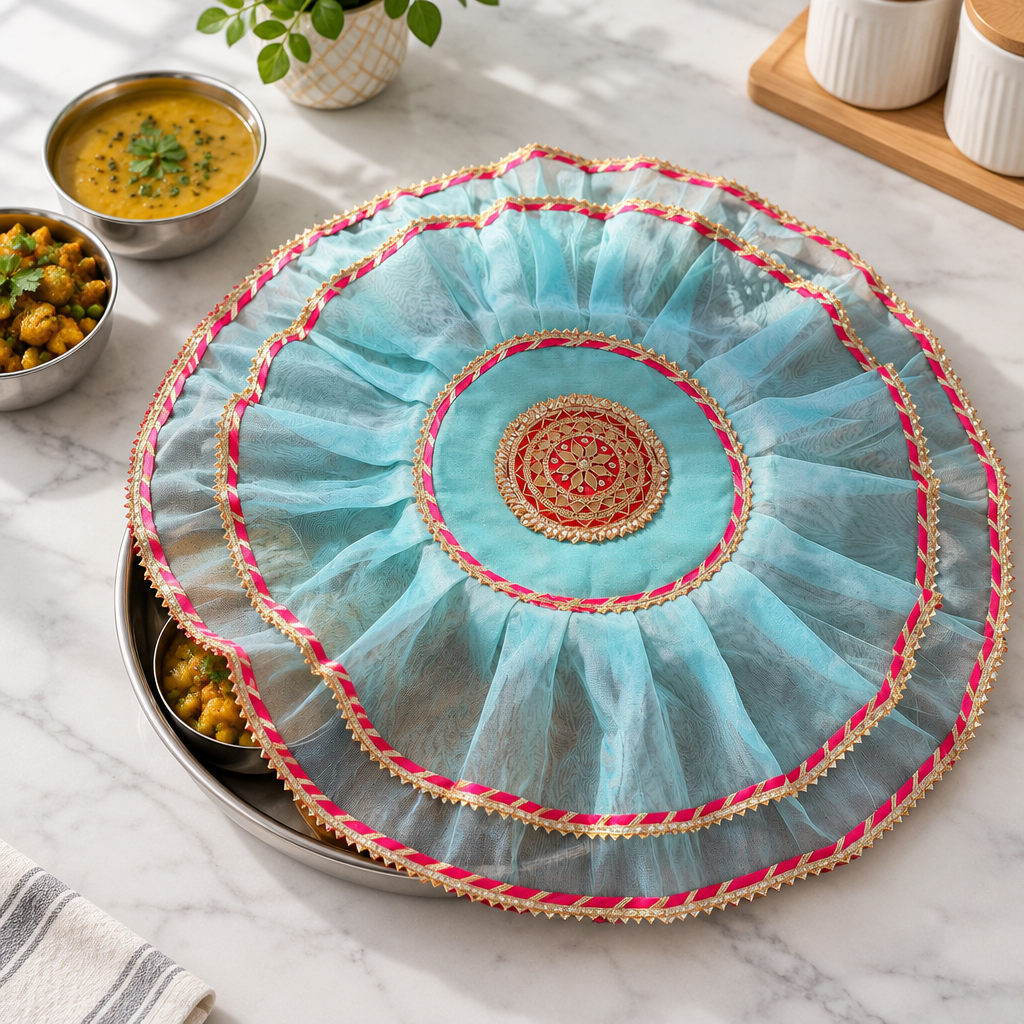 Thali cover over cooked food on a marble kitchen countertop